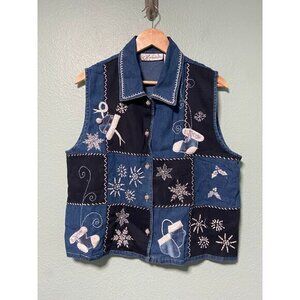 Vintage Dressbarn Women's Snow Winter Snowflake White and Blue Denim Vest XL‎